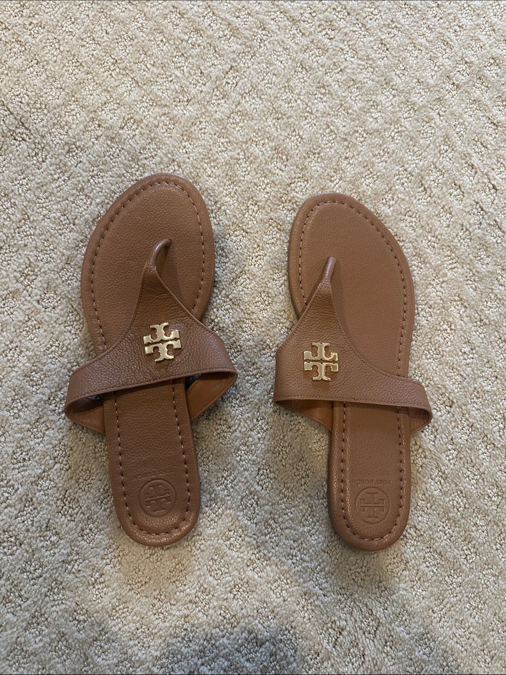 Tory Burch Tan Leather Logo Thong Sandals